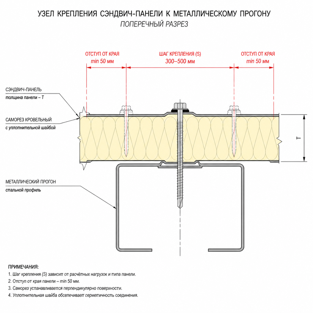Схема узла крепления сэндвич-панели к металлическому прогону